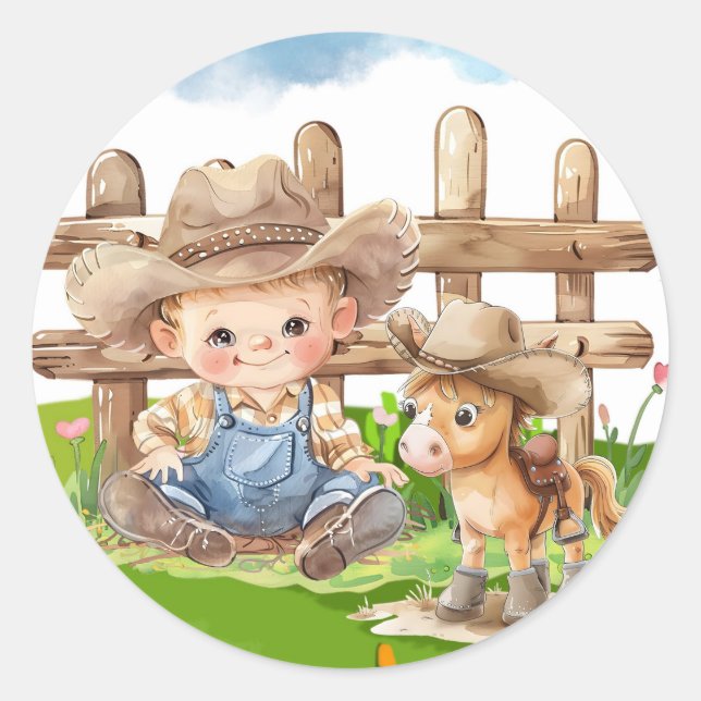 Cowboy and a Pony Horse Boy Baby Shower Classic Round Sticker (Front)