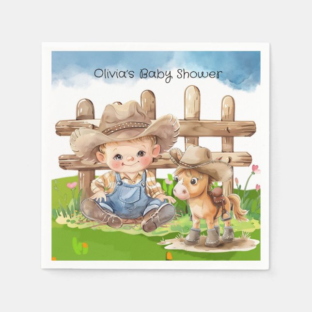 Cowboy and a Pony Horse Boy Baby Shower Napkin (Front)