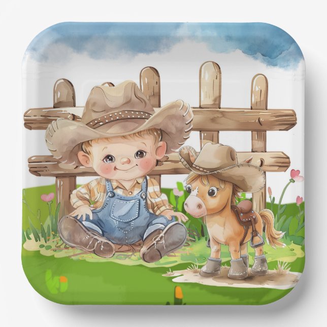 Cowboy and a Pony Horse Boy Baby Shower Paper Plate (Front)