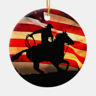 Cowboy and American Flag Christmas Ornamemt Ceramic Tree Decoration