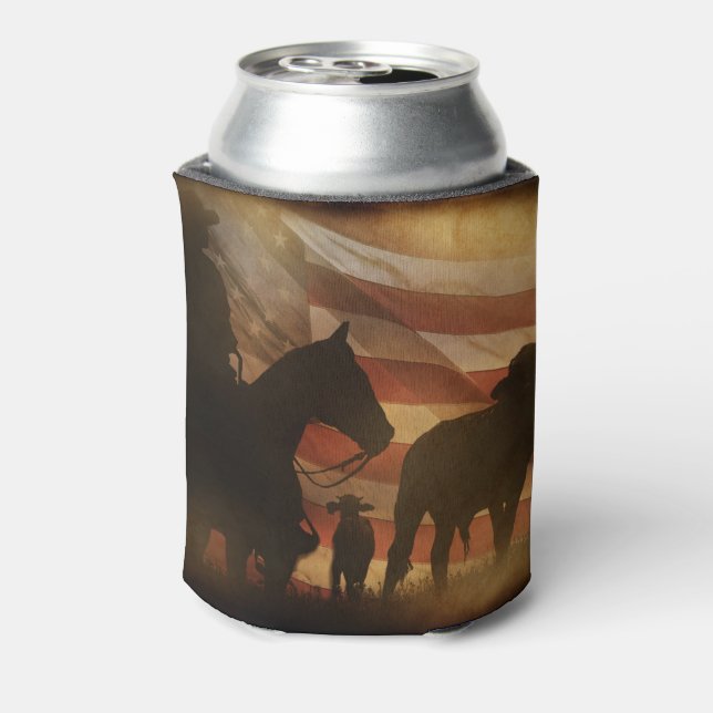 Cowboy and American Flag Distressed Can Cooler (Can Back)