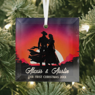 Cowboy and Bride at Sundown First Christmas Glass Tree Decoration
