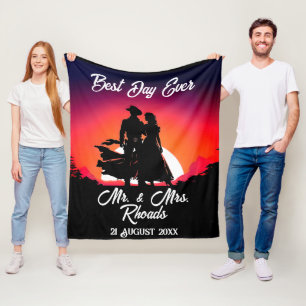 Cowboy and Bride at Sundown Wedding Fleece Blanket