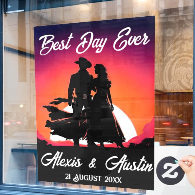 Cowboy and Bride at Sundown Wedding  Window Cling (Cafe Window)