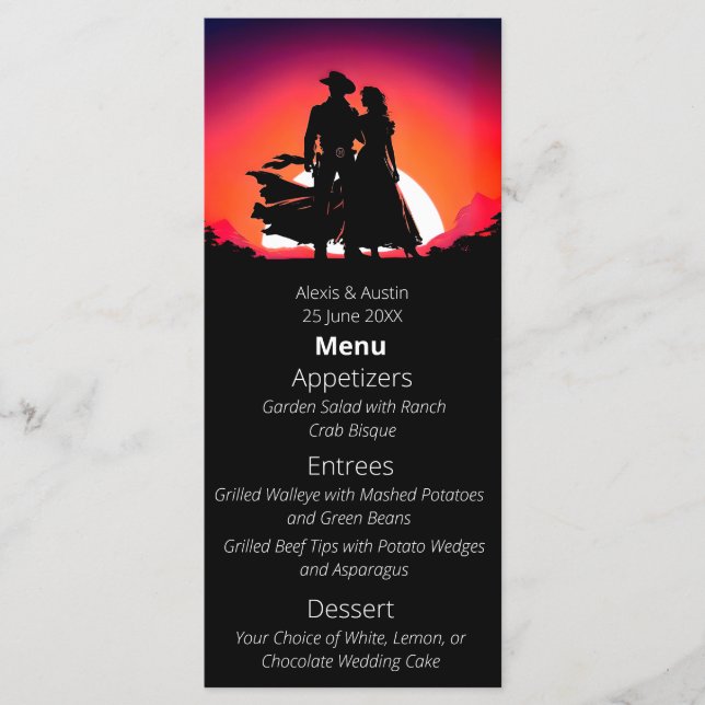 Cowboy  and Bride Sundown Western Style Wedding Menu (Front)