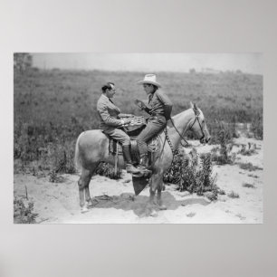 Cowboy and businessman playing checkers on horseba poster