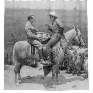 Cowboy and businessman playing checkers on horseba shower curtain