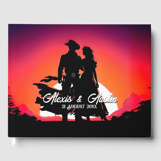Cowboy and Cowgirl at Sundown Wedding  Guest Book (Front)