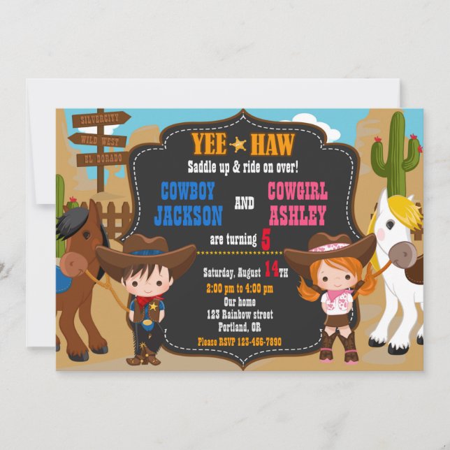 Cowboy and Cowgirl birthday invitation Wild west (Front)