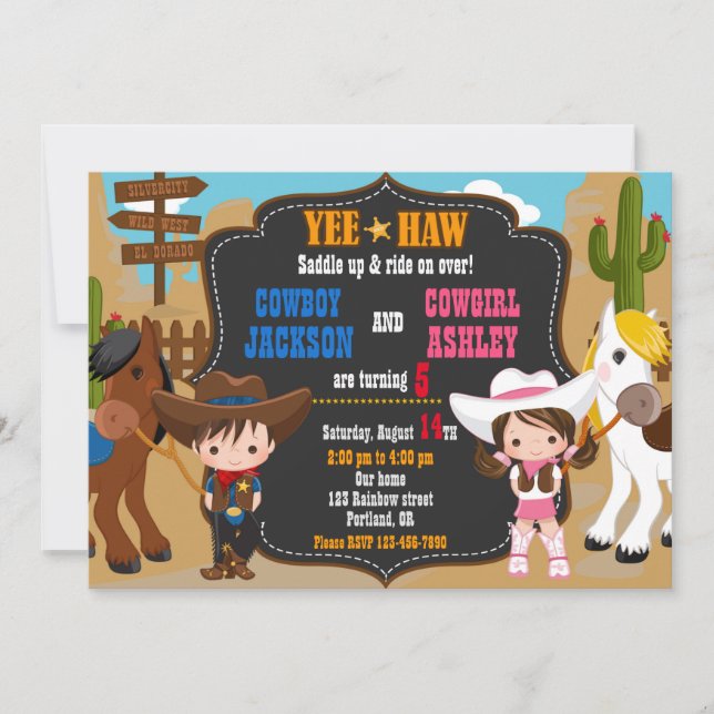 Cowboy and Cowgirl birthday invitation Wild west (Front)