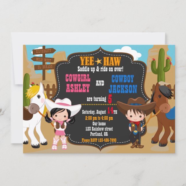 Cowboy and Cowgirl birthday invitation Wild west (Front)