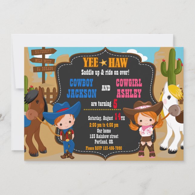 Cowboy and Cowgirl birthday invitation Wild west (Front)