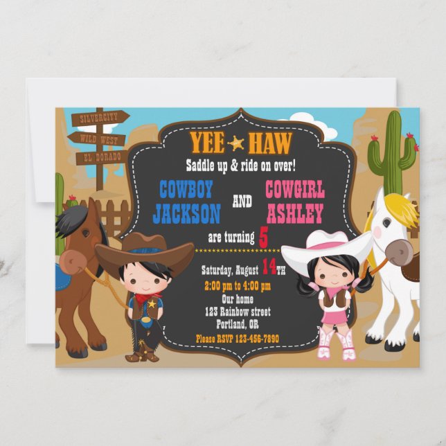 Cowboy and Cowgirl birthday invitation Wild west (Front)