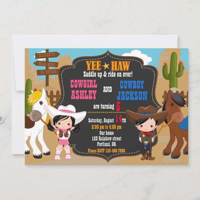 Cowboy and Cowgirl birthday invitation Wild west (Front)