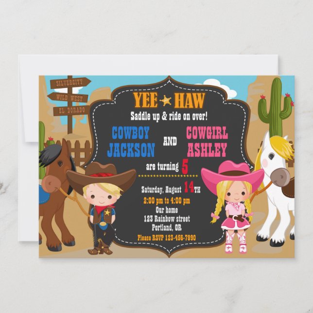 Cowboy and Cowgirl birthday invitation Wild west (Front)
