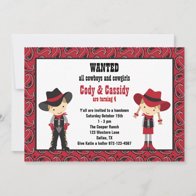 Cowboy and Cowgirl Birthday Invitations (Front)