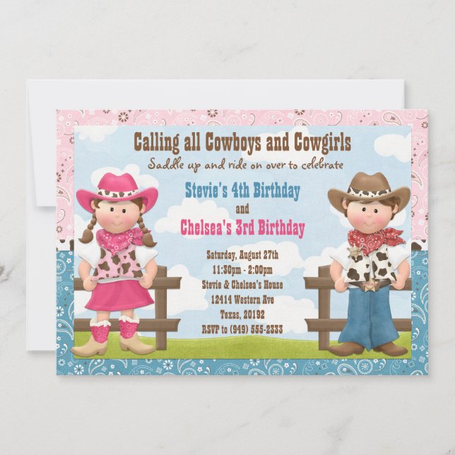 Cowboy and Cowgirl Joint Sibling Birthday Party Invitation (Front)