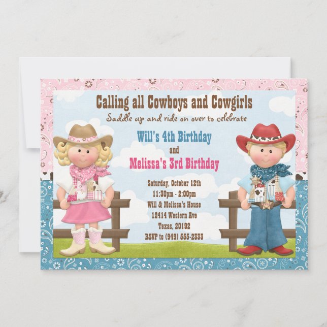 Cowboy and Cowgirl Joint Sibling Birthday Party Invitation (Front)