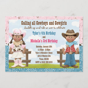 Cowboy and Cowgirl Joint Sibling Birthday Party Invitation