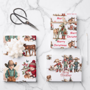 Cowboy and Cowgirl Kids Country Christmas Wrapping Paper Sheet