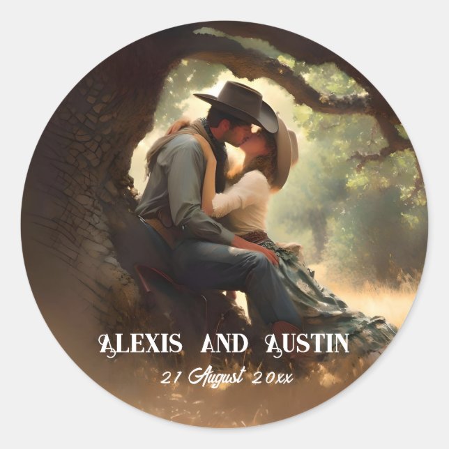 Cowboy and Cowgirl Kissing Wedding Classic Round Sticker (Front)