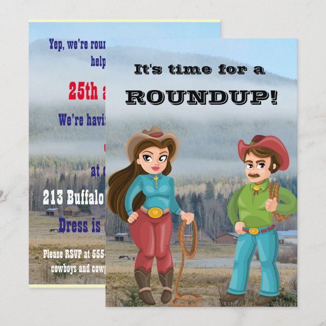 Cowboy and cowgirl party roundup invitation (Front/Back)