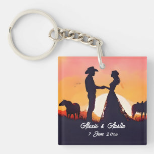 Cowboy and Cowgirl Wedding in Silhouette Key Ring