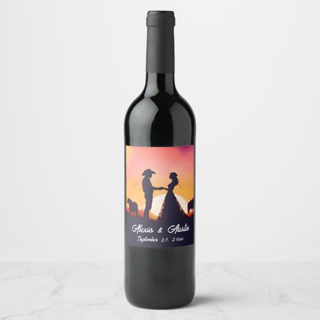 Cowboy and Cowgirl Wedding in Silhouette Wine Label (Front)