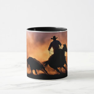 Cowboy and Cutting Horse Steer Bull Sunset Mug