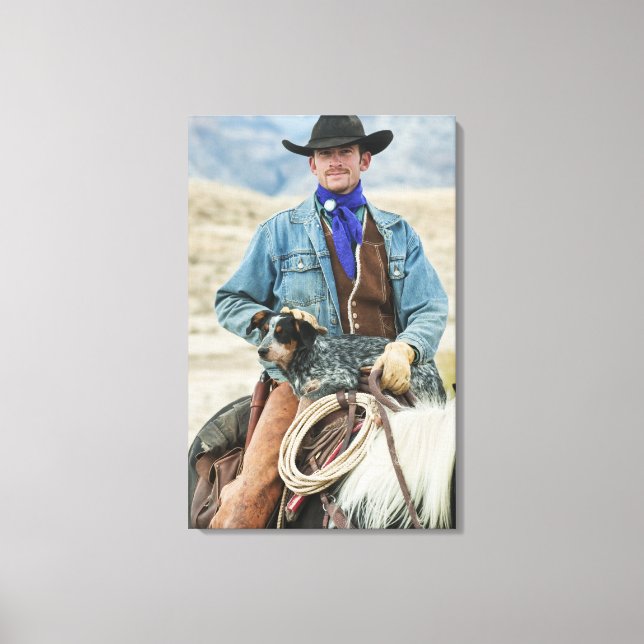 Cowboy and dog on horse canvas print (Front)