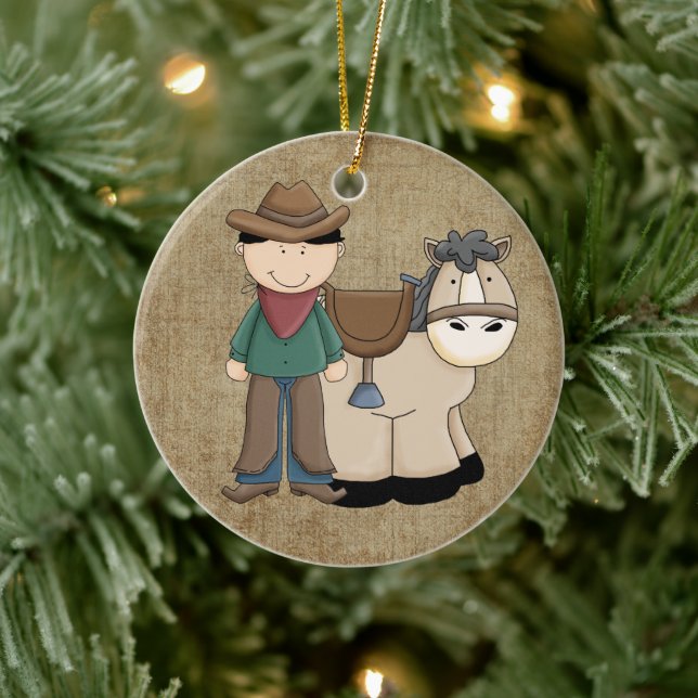 Cowboy and His Pony and Sheriff Badge Ceramic Tree Decoration (Tree)
