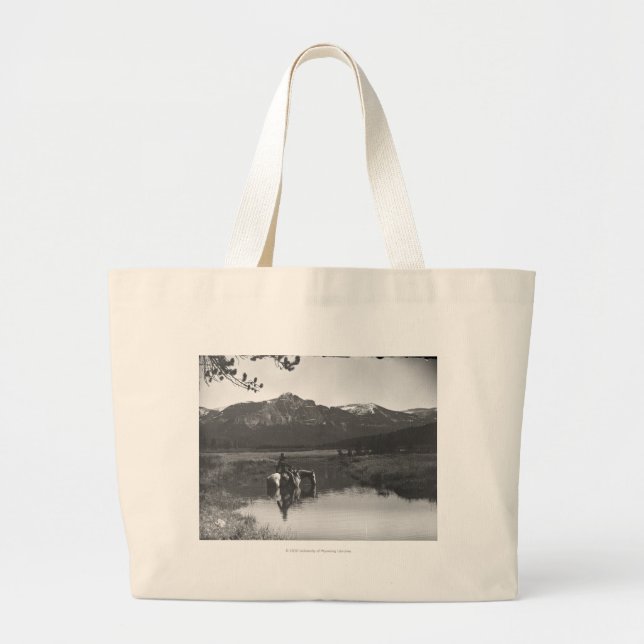 Cowboy and horse in a pond large tote bag (Front)