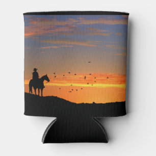 Cowboy and Horse in Sunset Can Cooler