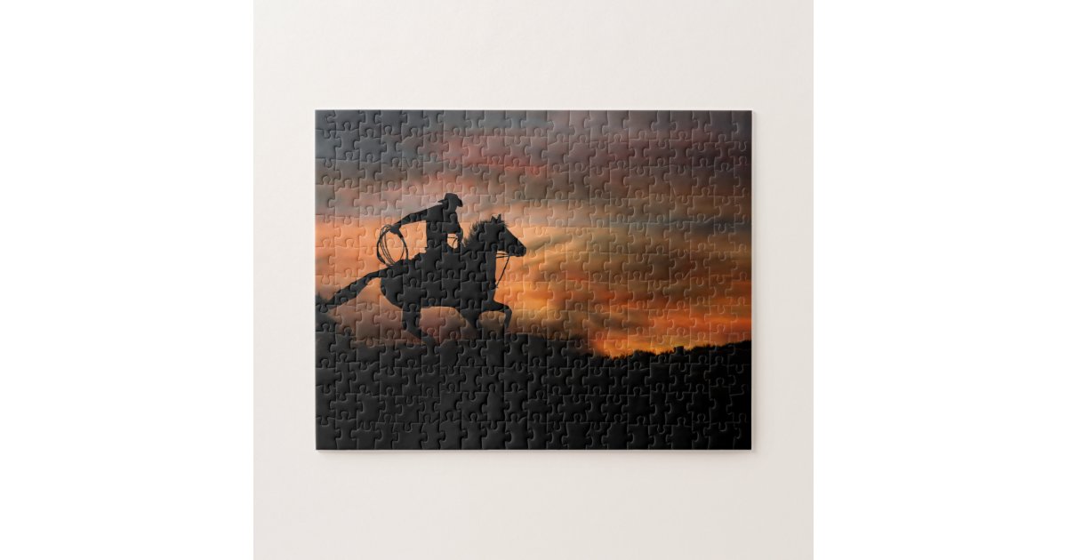 Cowboy and Horse Riding Sunset Jigsaw Puzzle | Zazzle