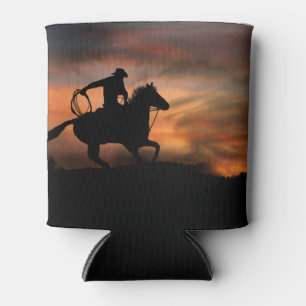 Cowboy and Horse Roping and Sunset Can Cooler