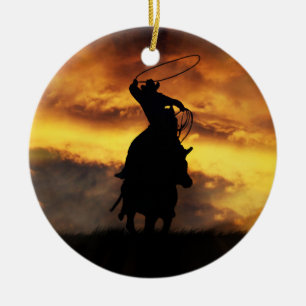 Cowboy and Horse Roping Sunset Xmas Ceramic Tree Decoration