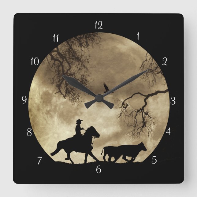 Cowboy and Horse with Steers in Moonlight Square Wall Clock (Front)