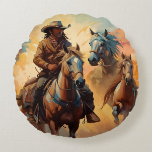 Cowboy and horses collage Round Pillow