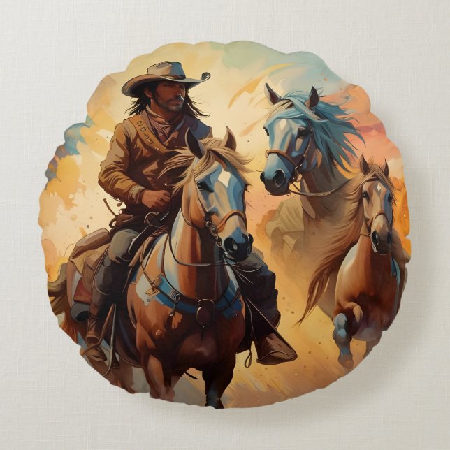 Cowboy and horses collage Round Pillow (Front)