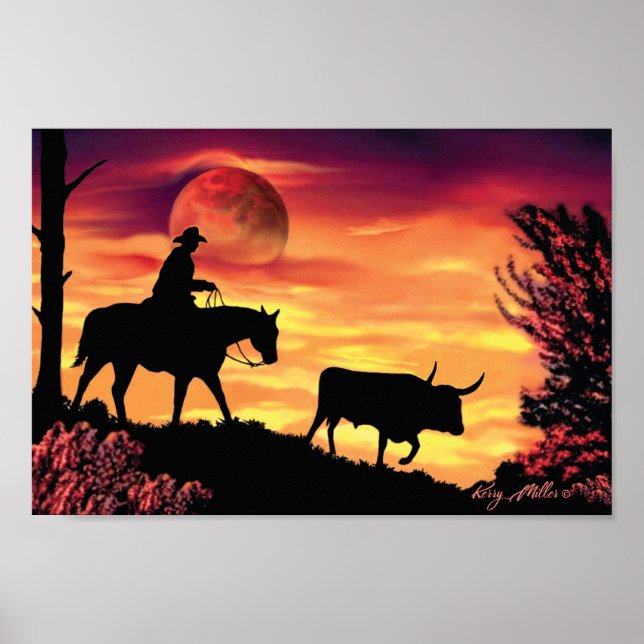Cowboy And Longhorn Steer Poster (Front)