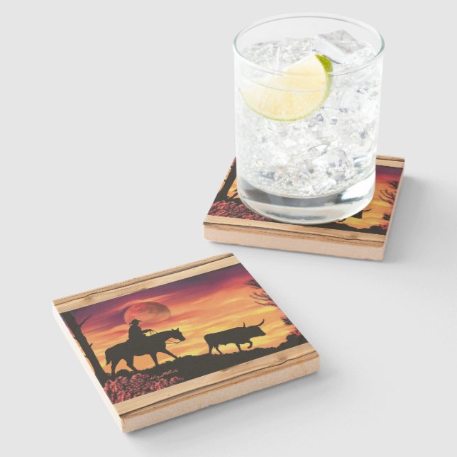 Cowboy And Longhorn Steer Stone Coaster (Side)