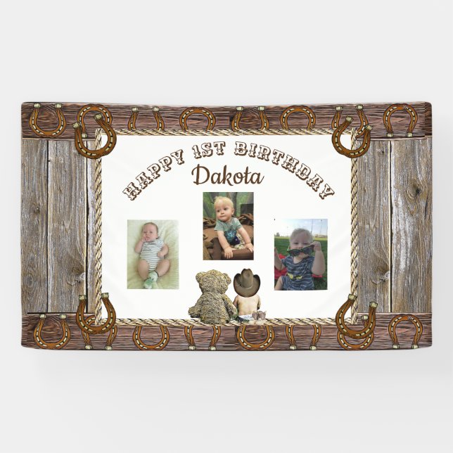 Cowboy and Teddy Bear 1st Birthday Party Banner (Horizontal)