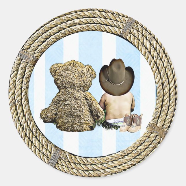 Cowboy and Teddy Bear  Baby Shower Stickers (Front)