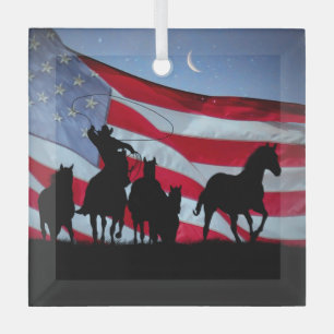 Cowboy and Wild Horses American Flag Glass Tree Decoration