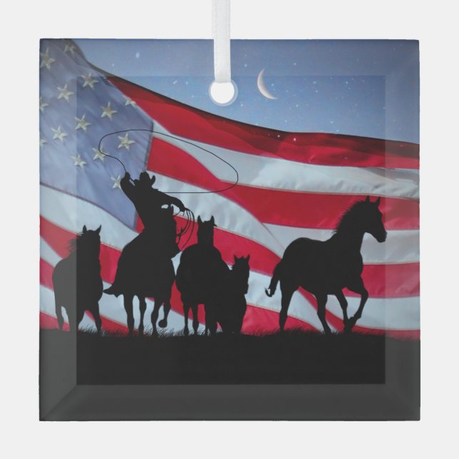Cowboy and Wild Horses American Flag Glass Tree Decoration (Front)