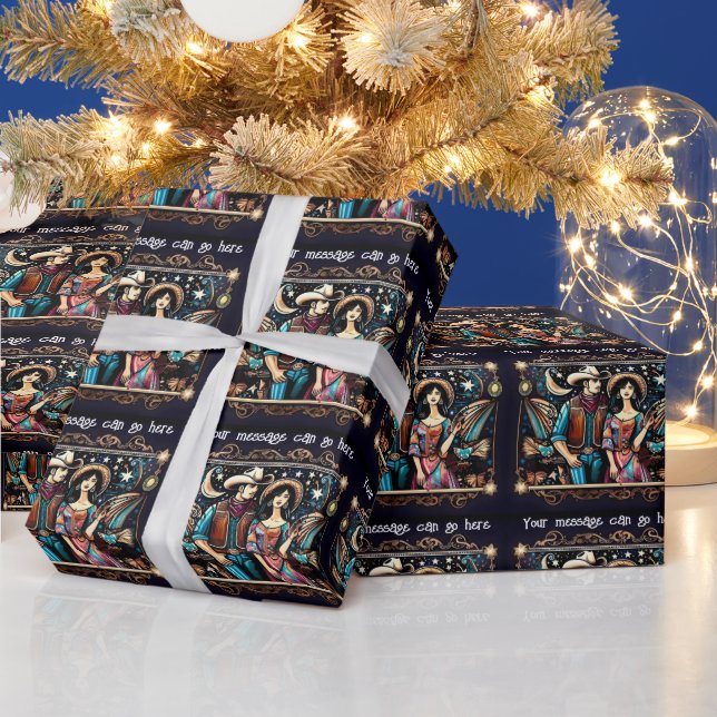 Cowboy and Woman Black and Gold Wrapping Paper (Holidays)