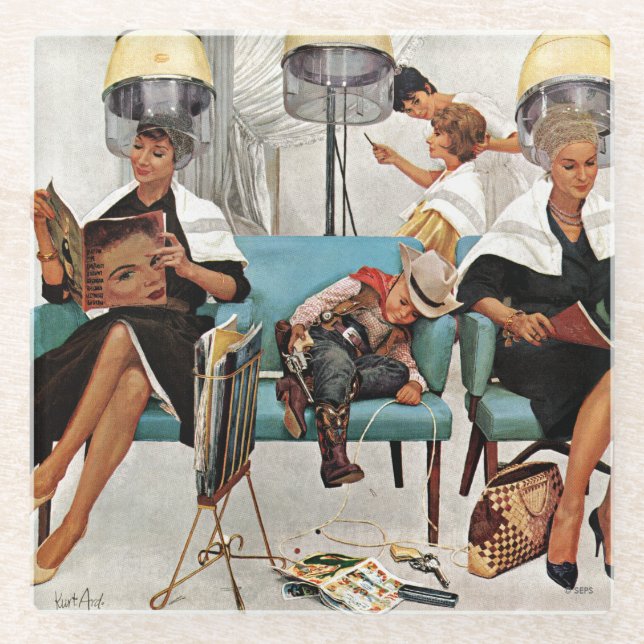 Cowboy Asleep in Beauty Salon Glass Coaster (Front)