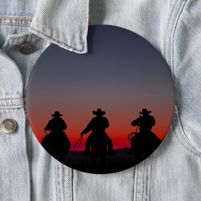 cowboy at sunset 6 cm round badge (In Situ)