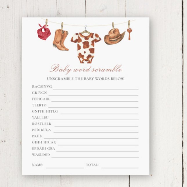 Cowboy baby shower - Baby Word Scramble (Creator Uploaded)