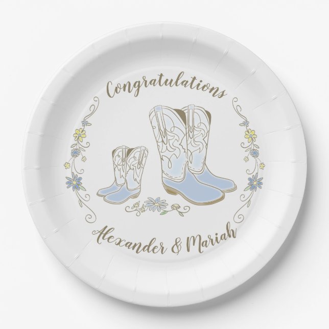 Cowboy Baby Shower Country Western Blue Boy Paper Plate (Front)